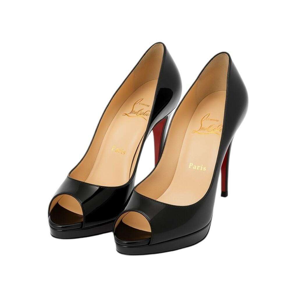 Christian Louboutin - Black Patent Peep-Toe Stiletto Heels Red Soles Sz 37
